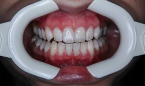 orthodontic brace in mouth showing patients teeth and lips