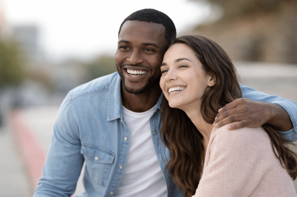Smiling couple enjoying time together.
