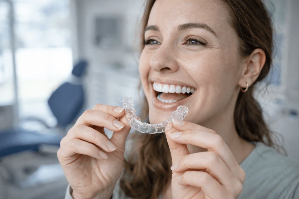 Woman smiling with Invisalign aligners
