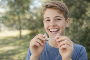 Child holding Invisalign aligners outdoors.