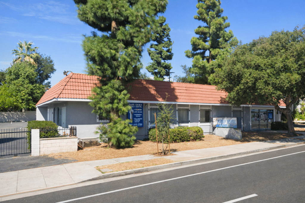 Single-story building with trees