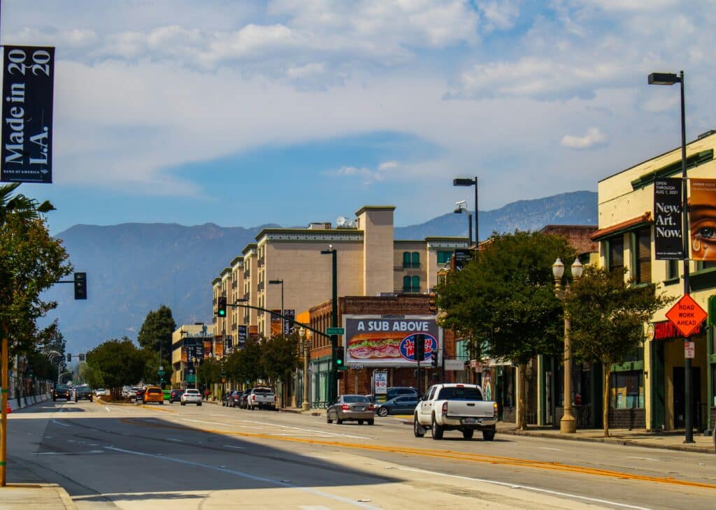 Quiet street with mountains in background