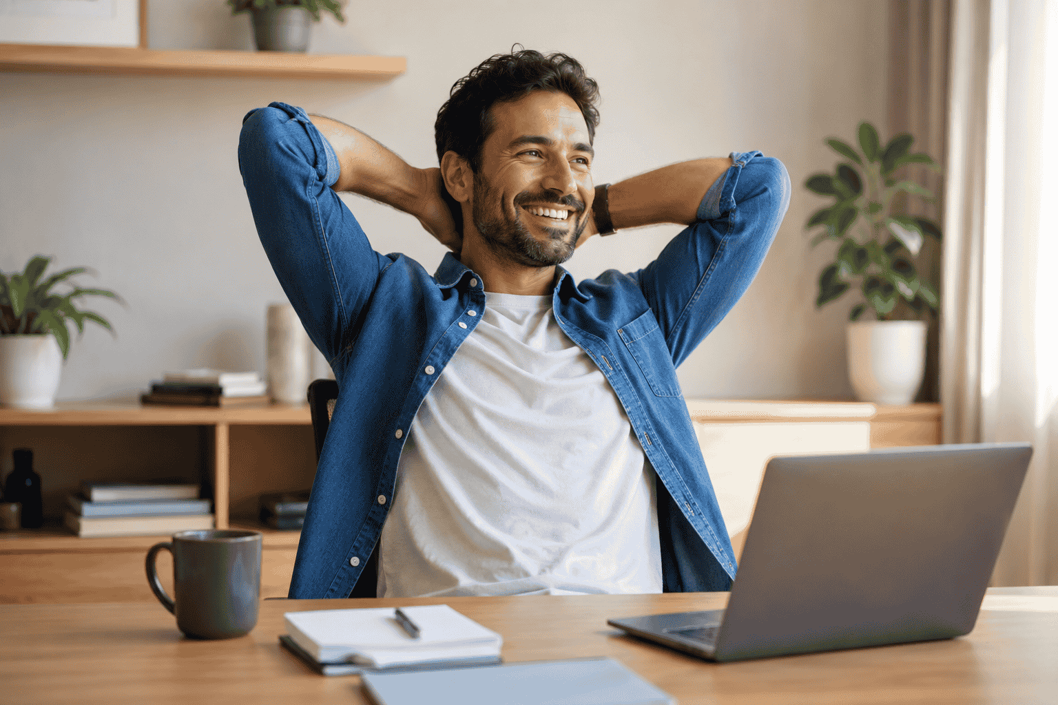 man at desk and computer smiling with arms up