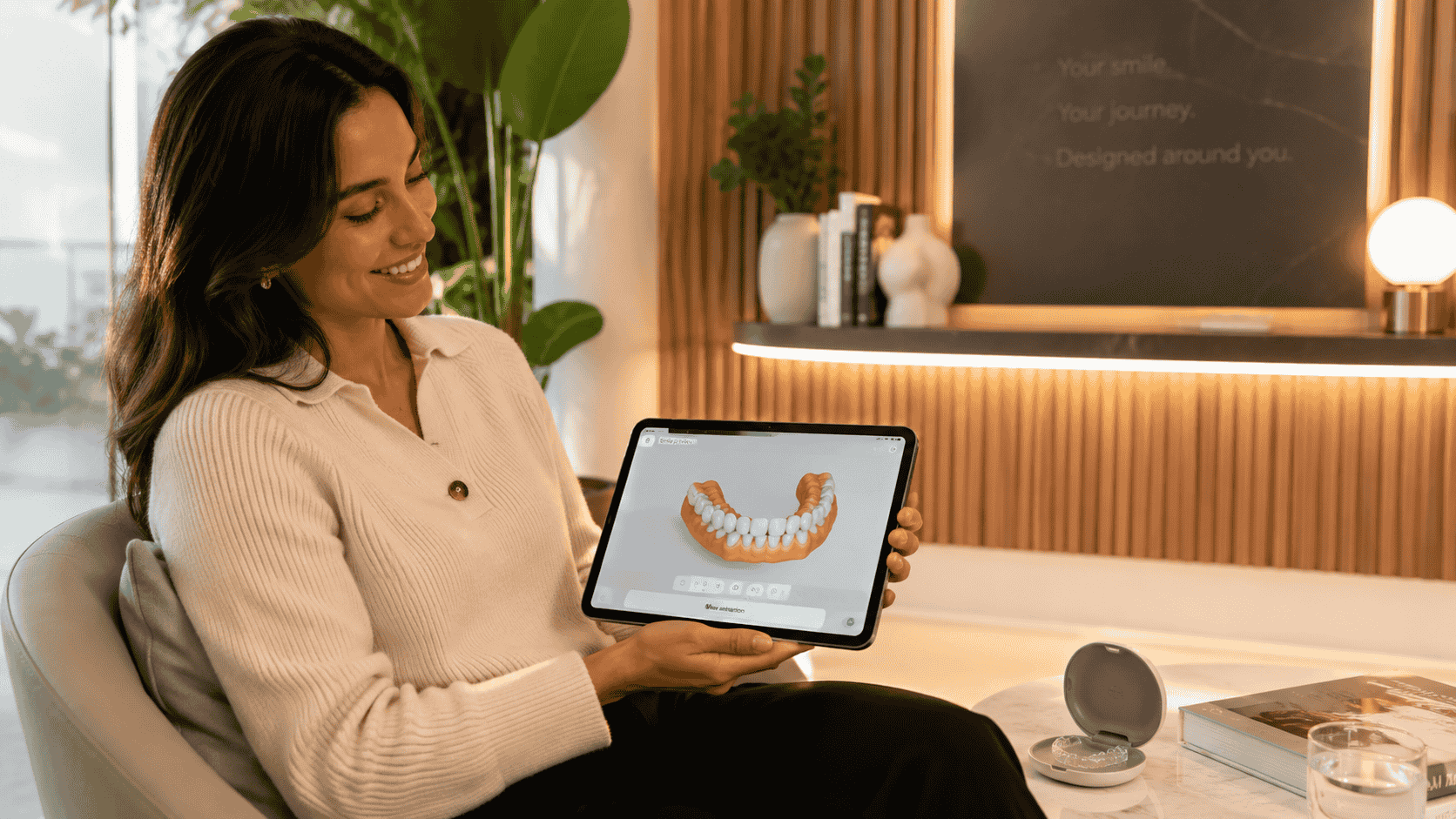 woman previwing adult smile on tablet