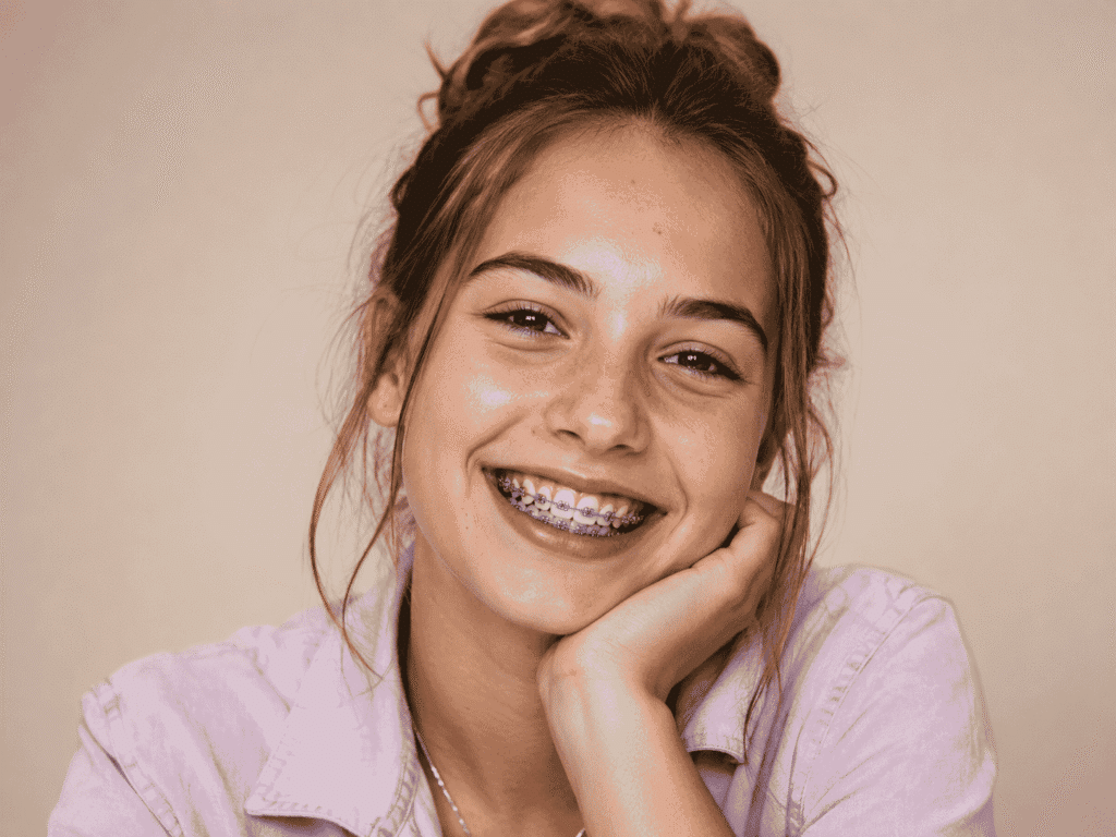 young girl with colorful braces in portrait