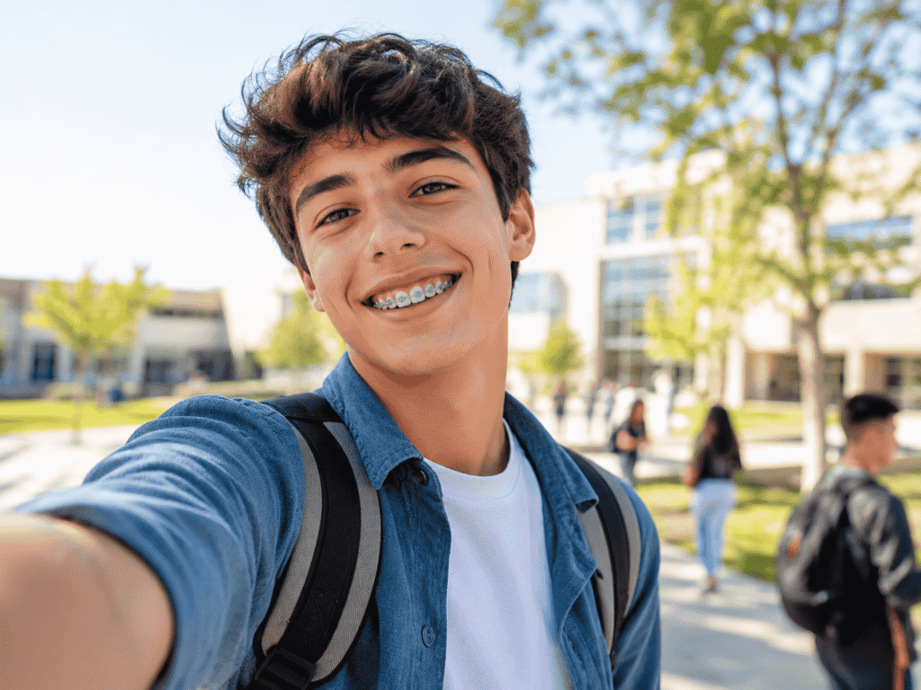 teen boy with braces taking a selfie at school
